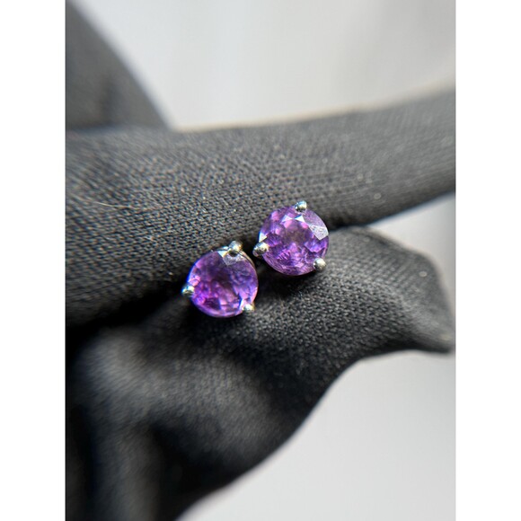 Unbranded Jewelry - Sterling Silver Amethyst Stud Earrings Round Faceted Purple Gemstone